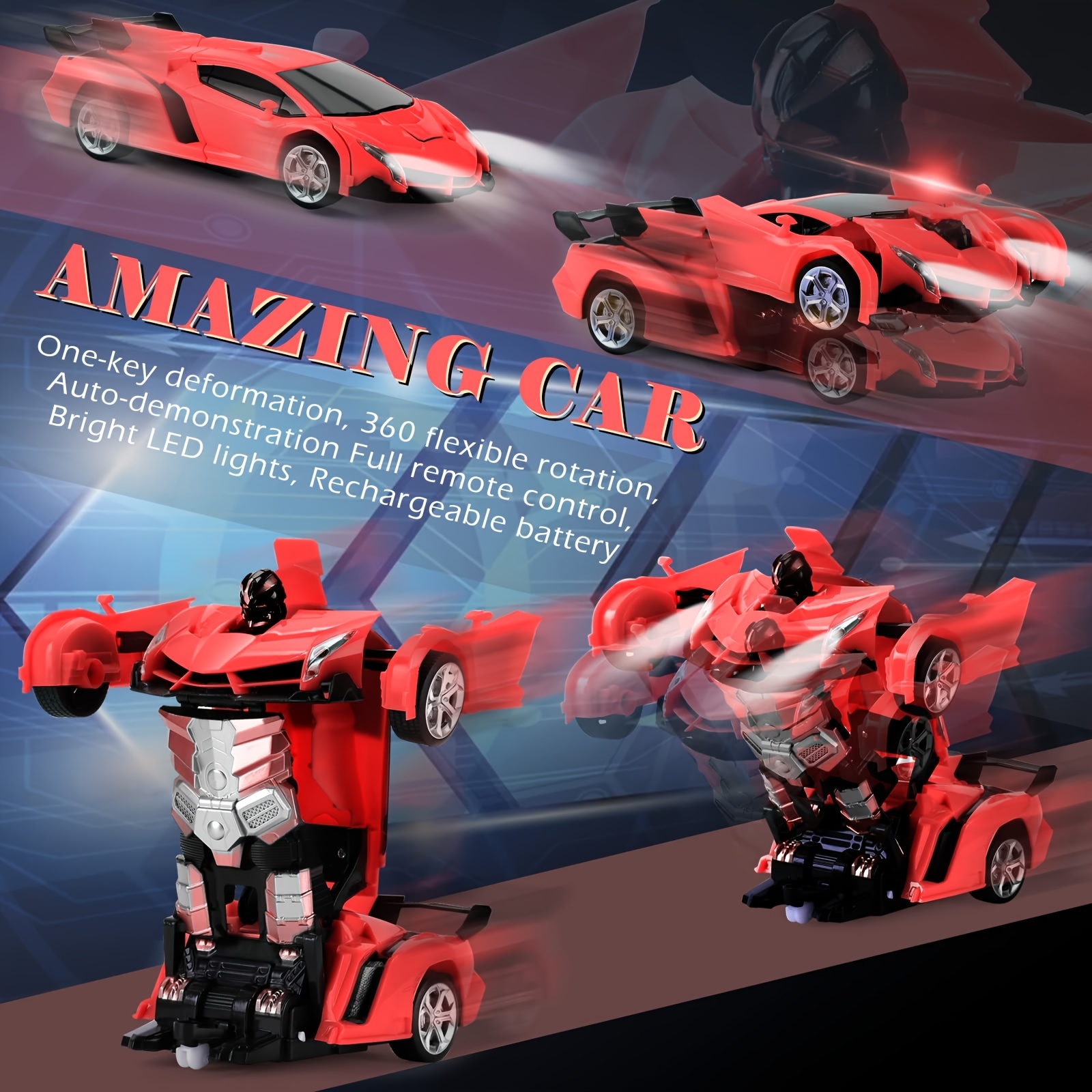 Red Transforming Robot Car With LED Headlights, 2.4Ghz Remote Control, 360° Rotating Drift, One-Button Deformation, Cool Flashing Lights, Durable ABS Plastic, Perfect Gift For Boys And Girls