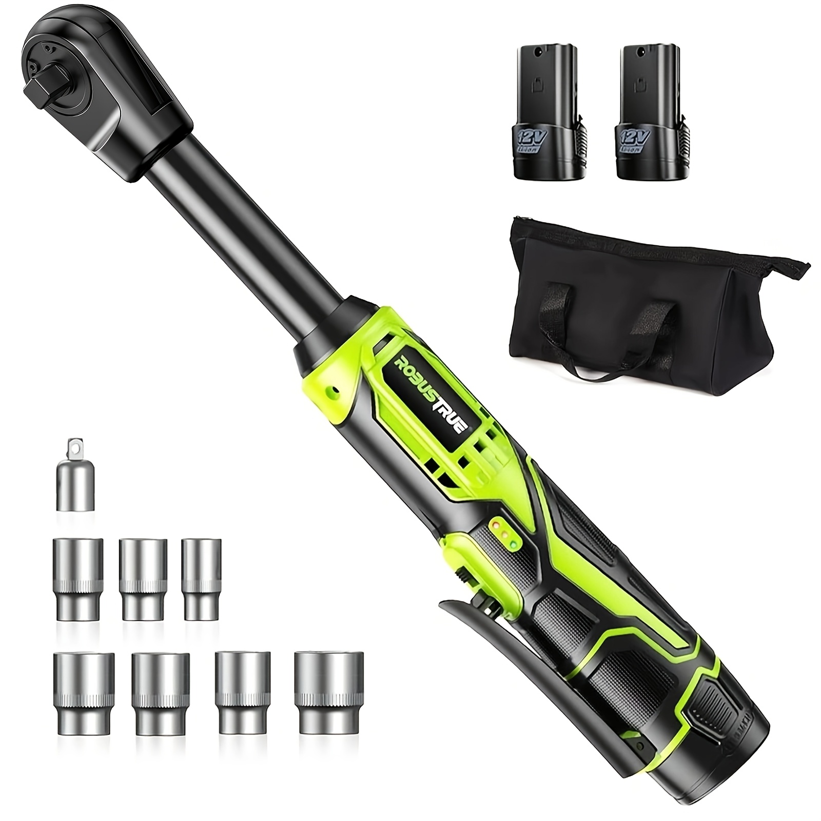 Robustrue 3/8" Cordless Ratchet Wrench Kit - 6-inch Extended Electric Ratchet With 40ft-lbs Torque, 400rpm, 2 Batteries, Variable Speed, 7 Sockets & Led Duty Power Tool For Automotive &