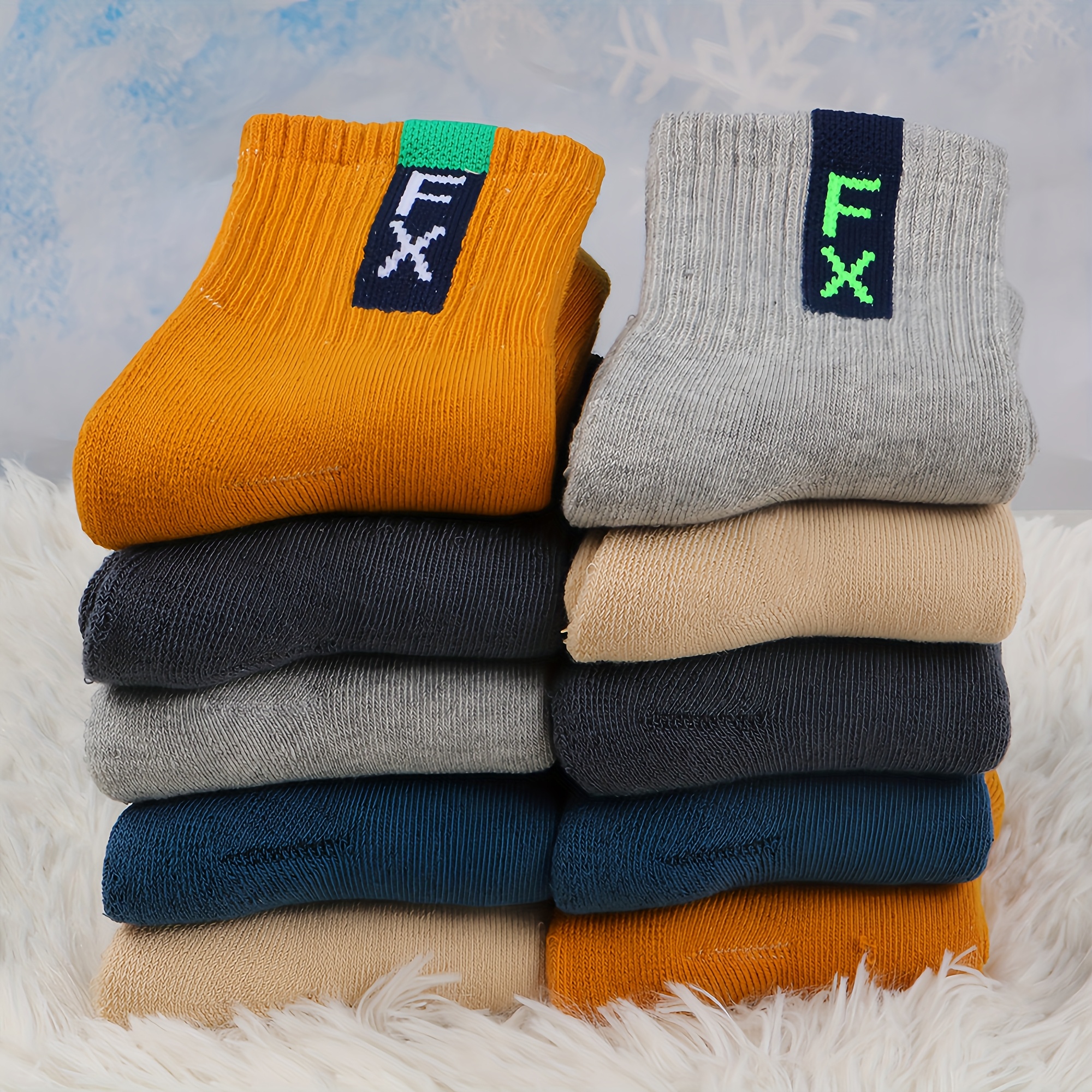 Image of 9-pair Children's Socks, Thickened Terrycloth Socks For Boys, Autumn/winter Cartoon Letter Warm Plush-lined Towel Socks For Middle And Older Kids