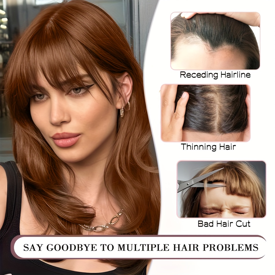 elegant clip in bangs for women natural looking     hair extensions in golden   black light brown high quality heat resistant synthetic fiber with temples for casual attire details 3