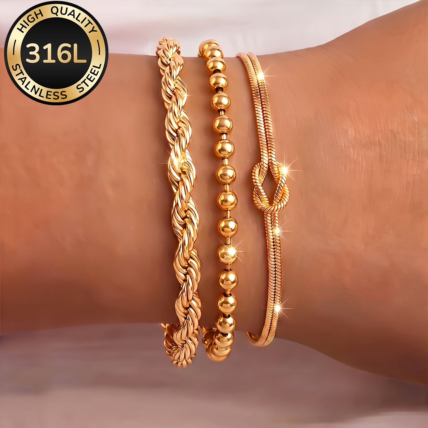 TEMU 3pcs Bracelet pour femme plaqué or en acier inoxydable 316L, bijou pour femme étanche et à la décoloration, accessoires de mode et élégants pour