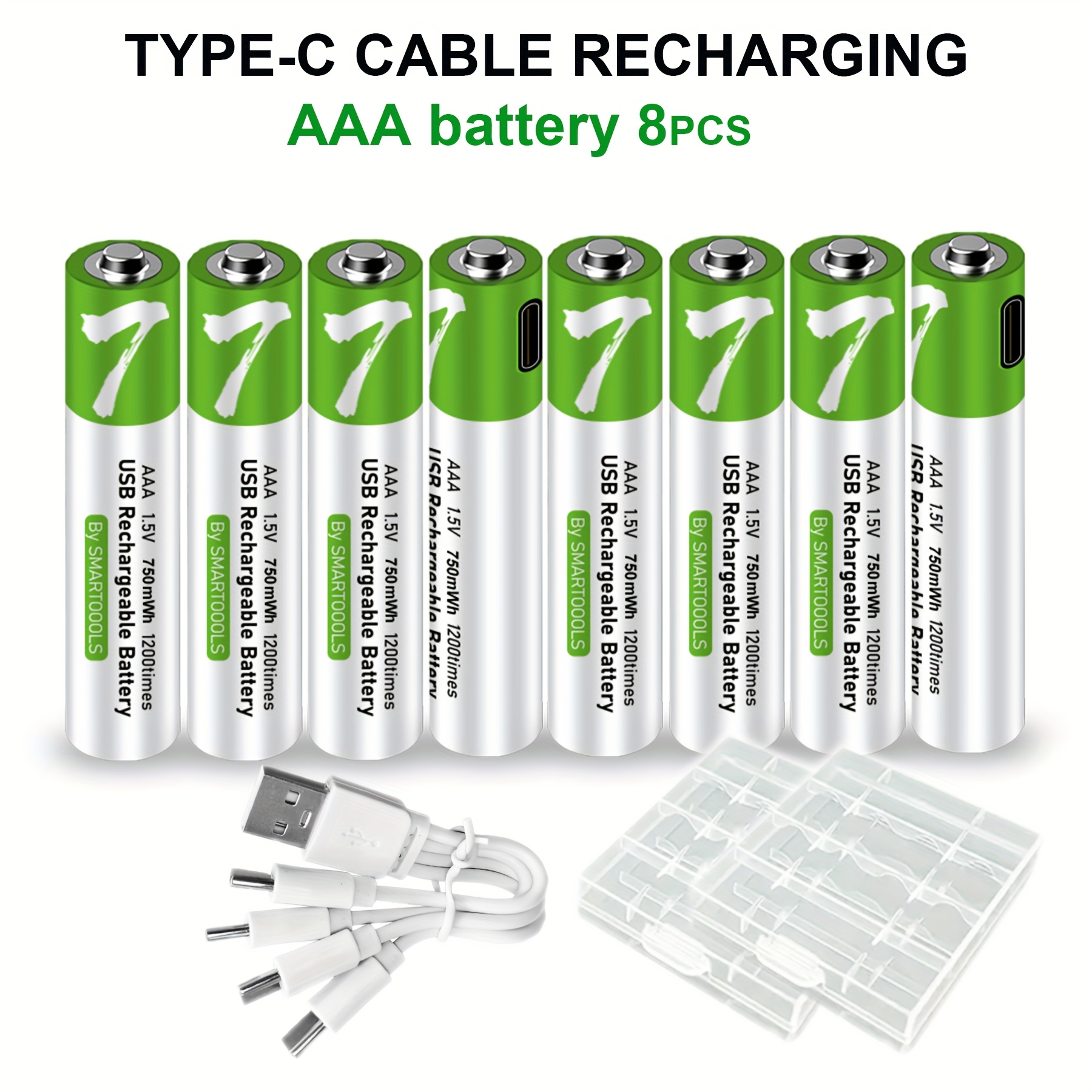 TEMU Ensemble de 8 piles AAA rechargeables Lithium-Ion, avec chargement USB/Type-C, haute capacité de 1,5 V 500 mAh 750 mWh, charge rapide en 1,5