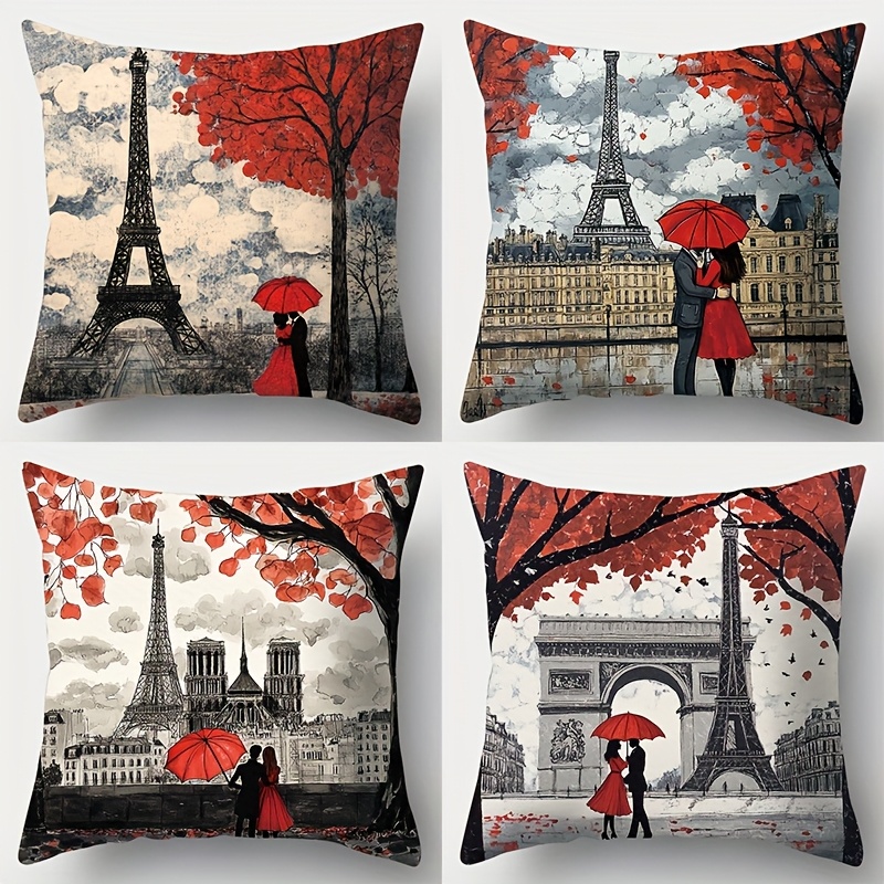 

4-pack Pillow Covers, Contemporary Parisian Design, 18x18 Inch, Soft Polyester, Machine Washable, Decorative Zippered Cushion Cases For Living Room Sofa And Bedroom Decor