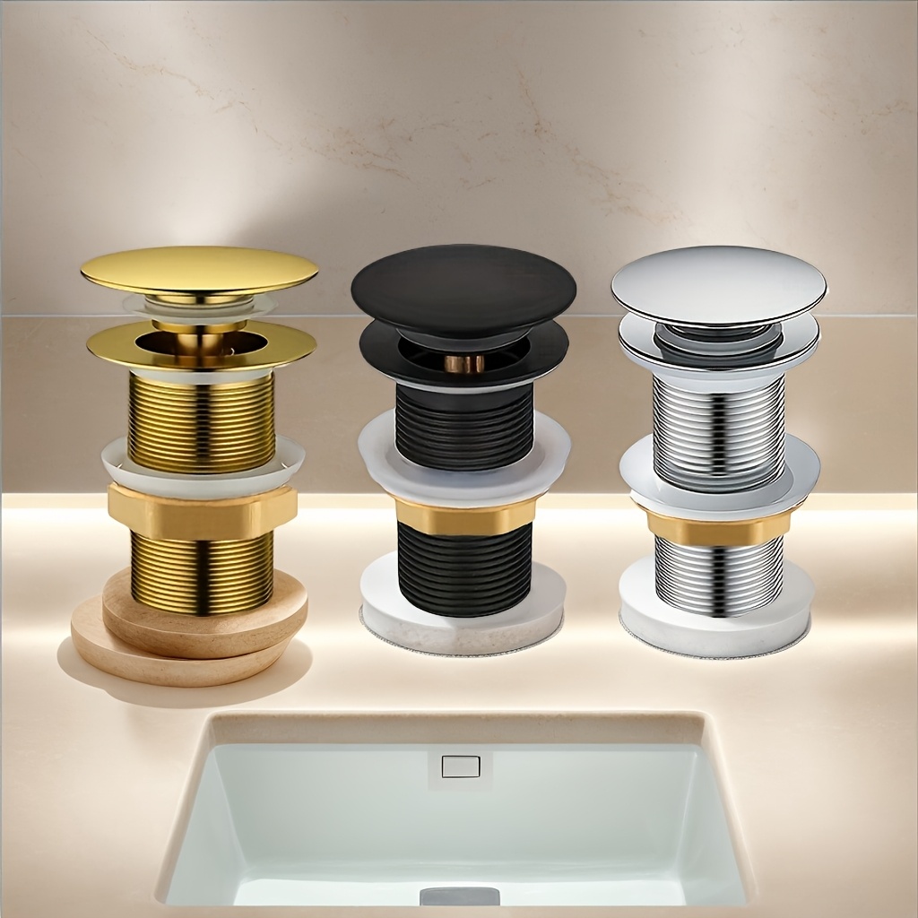 Stainless Steel Pop-Up Sink Drain Stopper with Painted Finish, Suitable for Bathroom and Kitchen Drains, Manual Operation, Matte Black, Golden Pull, Electroplated Silver, Available in Three Colors