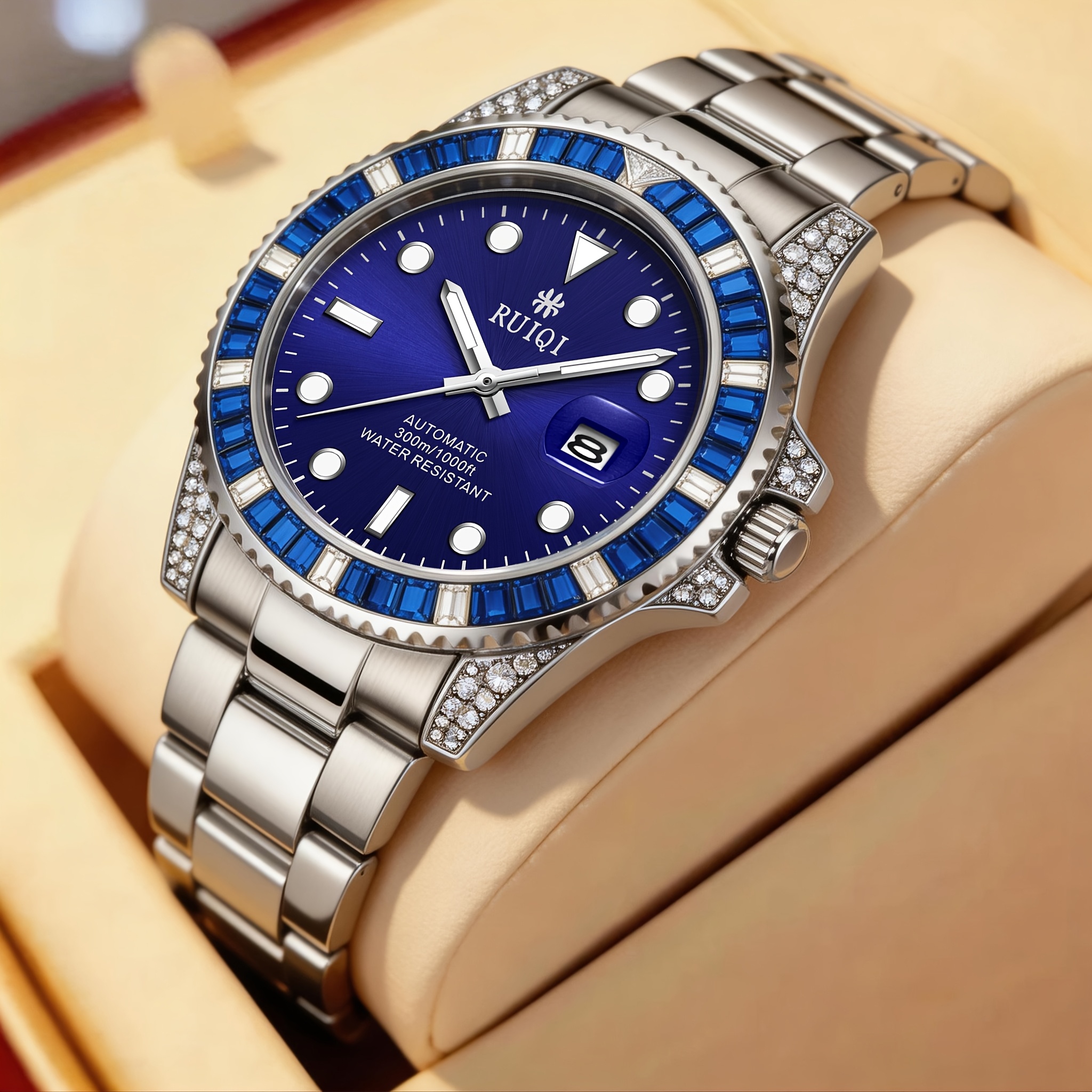 Image of Men' Mechanical Watch, Stainless Steel Strap, Blue Rhinestone Bezel, Date Display, Light Luxury Business Diving Wristwatch
