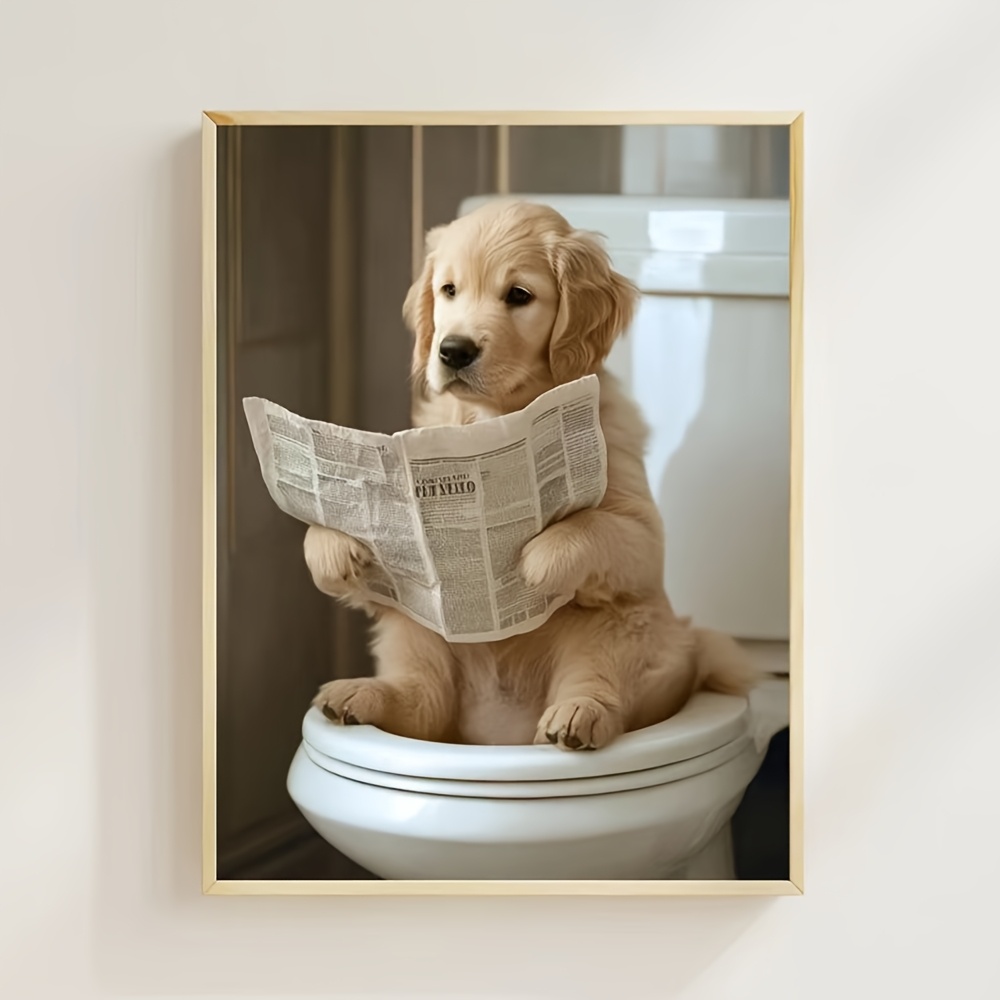 

Golden Retriever Reading Newspaper On Toilet - 12x16" Canvas Art For Bathroom Decor, Wall Painting For Home & Bedroom, Room Decor