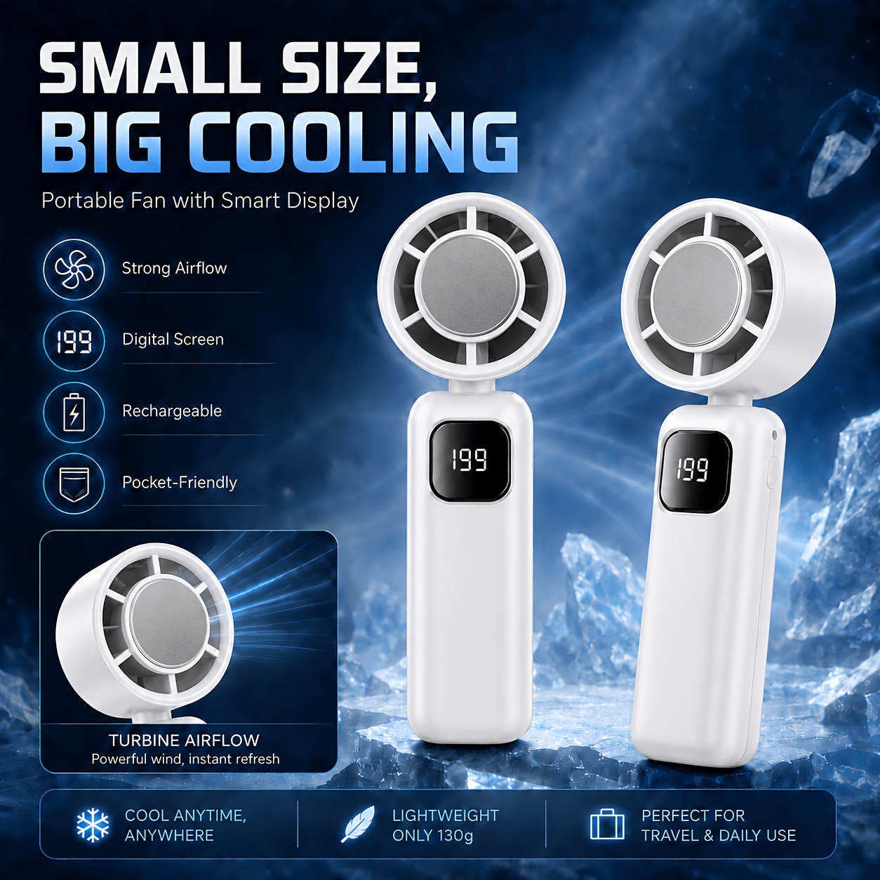 5000mah Handheld Fan 3-in-1 Run, 199-speed Display Luxury, Portable Ac For Home/office/travel
