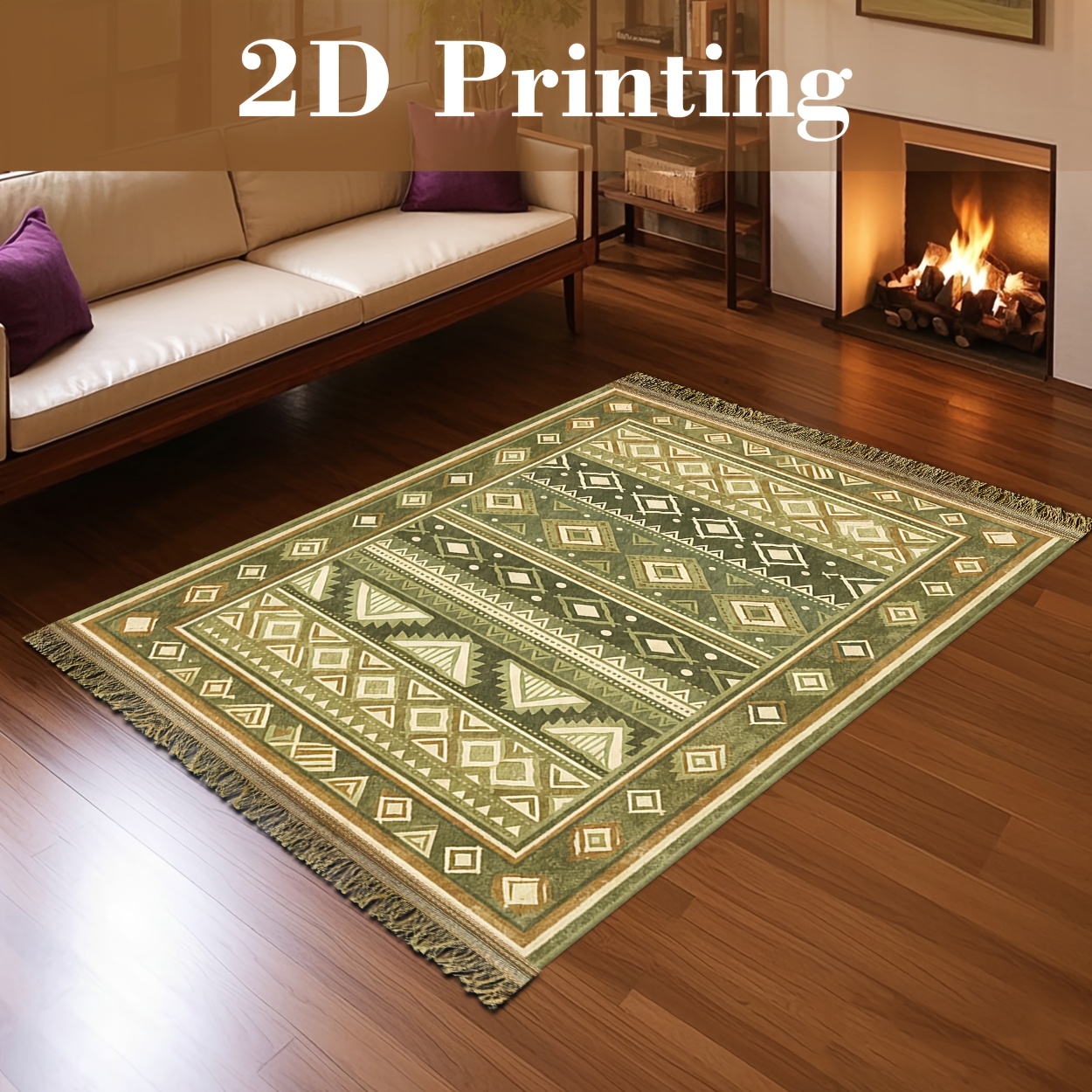 Artikelbild [weiches plüsch- und spitzenboden mit quasten] rechteckiger teppich mit quasten, olivgrüner untergrund mit vertikalen, ineinandergreifenden diamanten und schmalem rand, einfacher retro- -druck, moderner mode, weicher, kreativer teppich,   für flur, restaurant, wohnzimmer