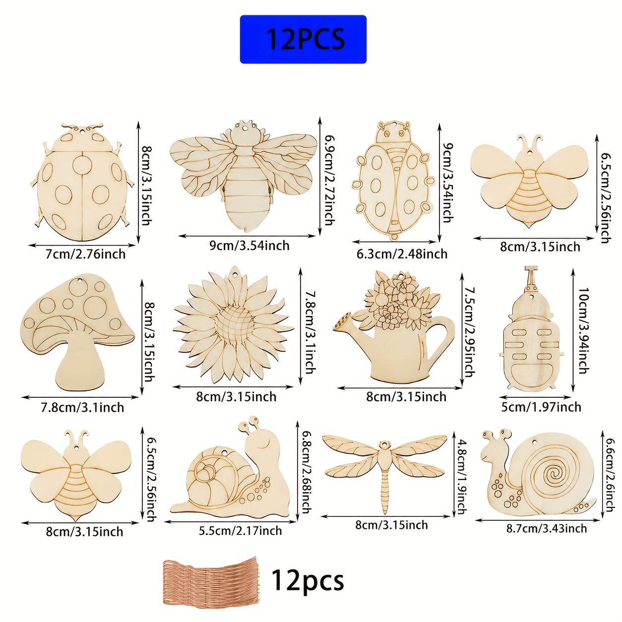 Image of 24pcs Insect-themed Wooden Craft Kit With 12 Wood Slices + 12 Strings, Hand-painted Home Decor, Holiday Gift & Party Decoration Set