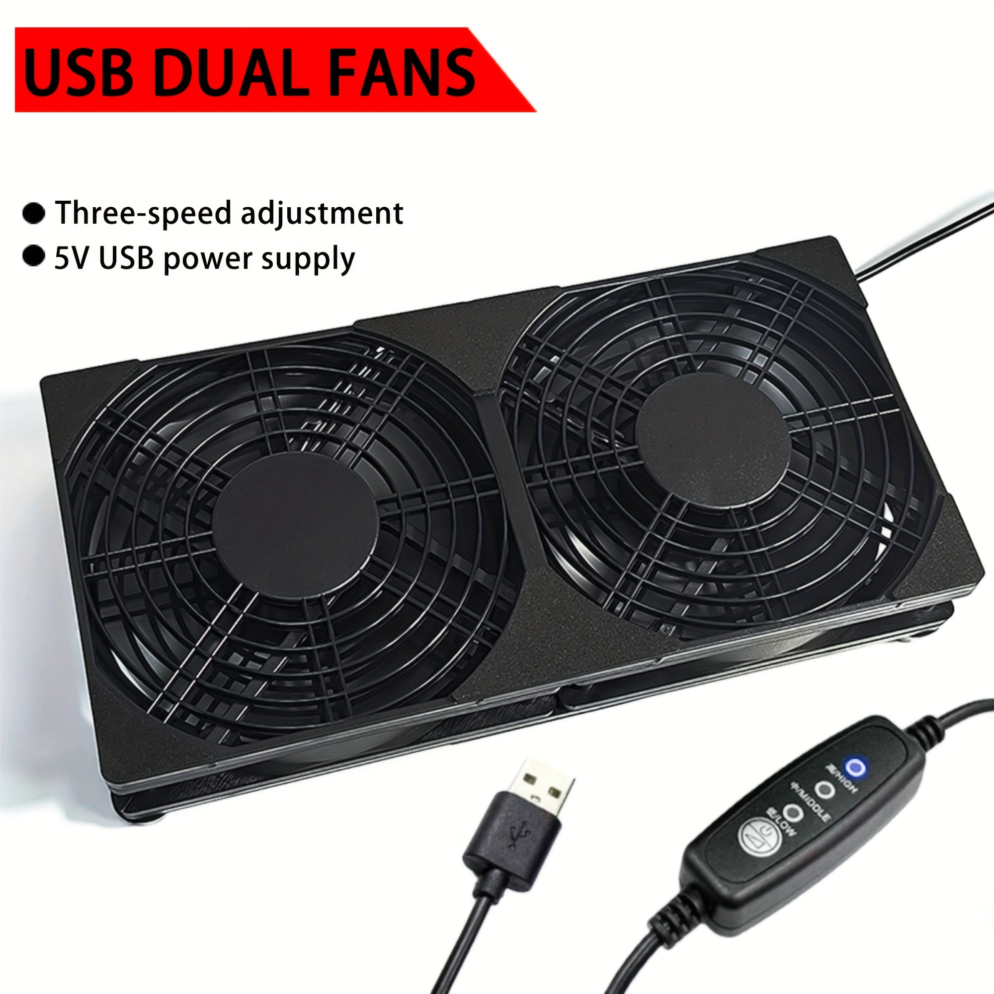 TEMU ("DXK-00038") Double ventilateur USB 5V, avec double ventilateur réglable à vitesses, base de ventilateur double réglable/commutable à vitesses,