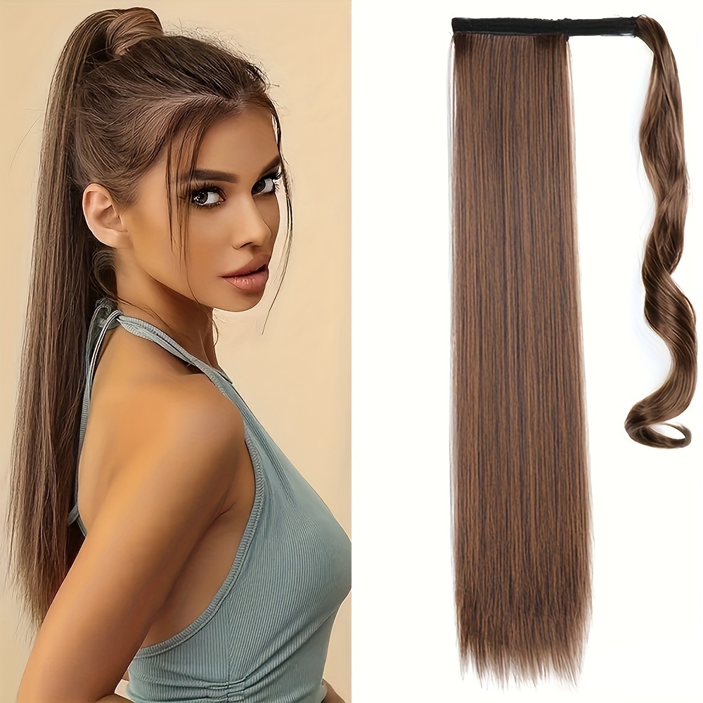 

Ponytail With Hair Wrapped Around Long Straight Ponytail Extensions Synthetic Clip In Hair Extensions Elegant For Daily Use Hair Accessories