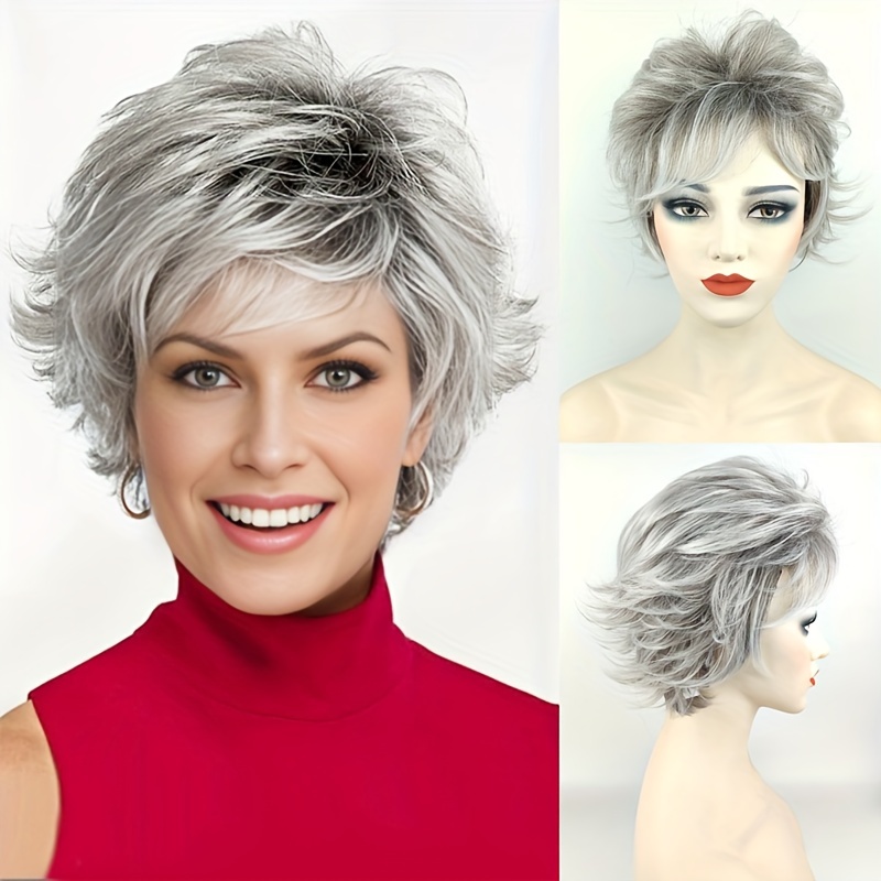 

Slivery Grey Pixie Cut Wig With Bangs Gray Fluffy Layered Short Wigs Elegant Curly Wavy Synthetic Short Pixe Wigs For Women Daily Party Costume Use 1pc