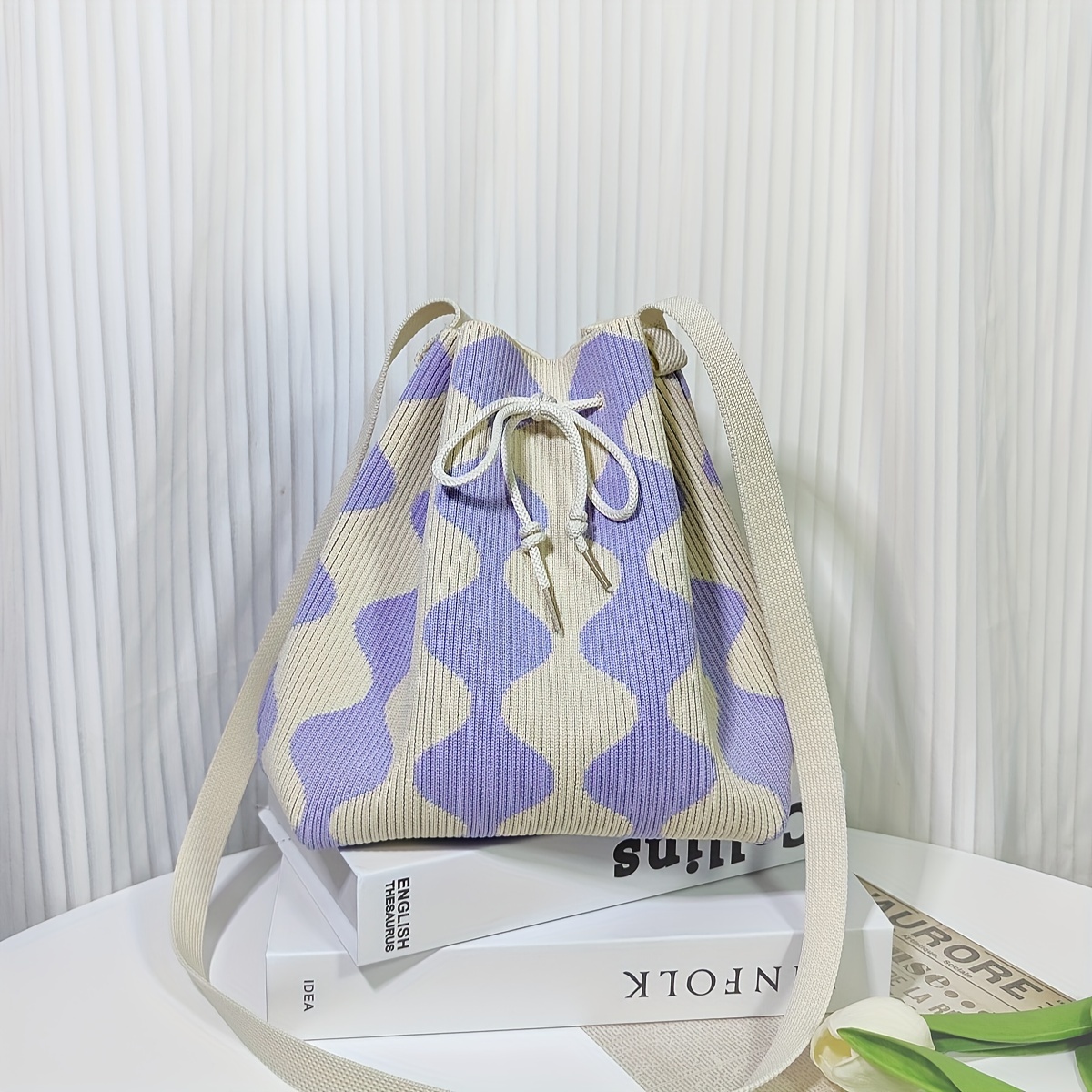 

Simple Colorblock Geometric Pattern Bucket Bag, Classic Drawstring Storage Bag, Lightweight Carry On Handbag
