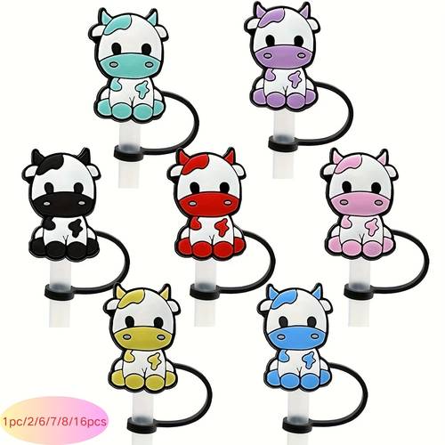 1pc/2/6/7/8/16pcs, Straw Tips Cover, Cow Straw Tips Cover, Creative Straw Tips Cover, Straw Tips Cover, Straw Covers Cap For Tumblers, Silicone Cartoon Cow Reusable Drinking Straw Toppers, Drinking Straw Plugs, Kitchen Accessaries