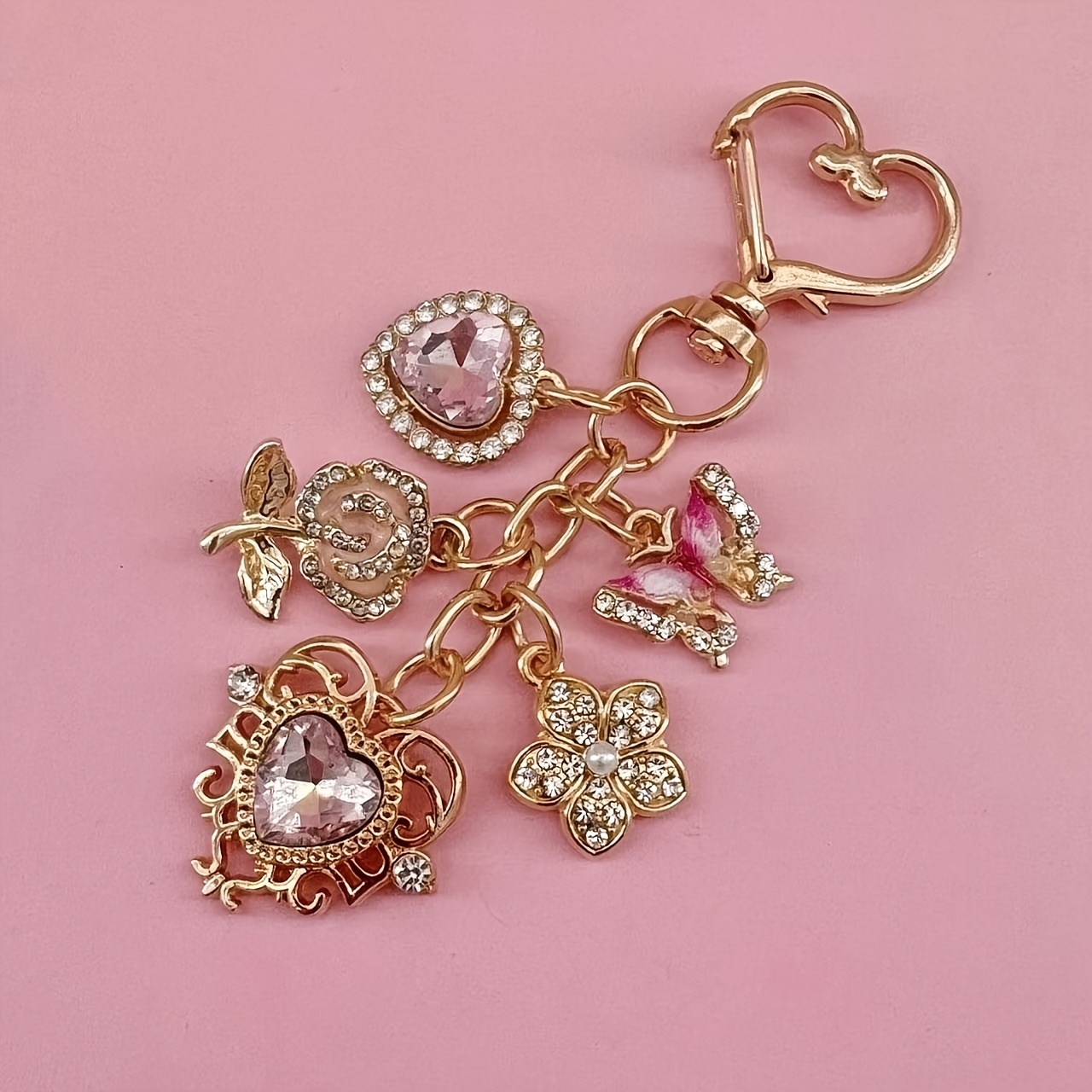 TEMU Heart-shaped Light Luxury Key Chain, Sparkling Crown Heart-shaped Rose Pendant Bag Charm, Suitable For Commuter Bags, Tote Bags, Backpacks