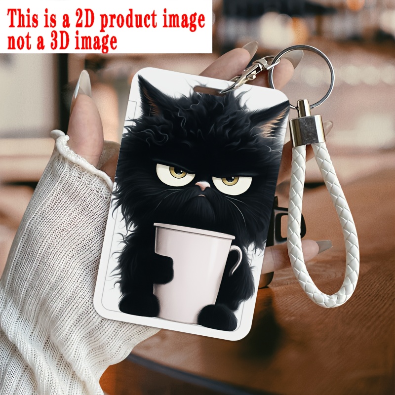 TEMU [Impression 2D] Porte-cartes pour femmes, porte-licence, étui pour carte de bus - Style chaton plat 2D, noir, motif imprimé tasse de café,