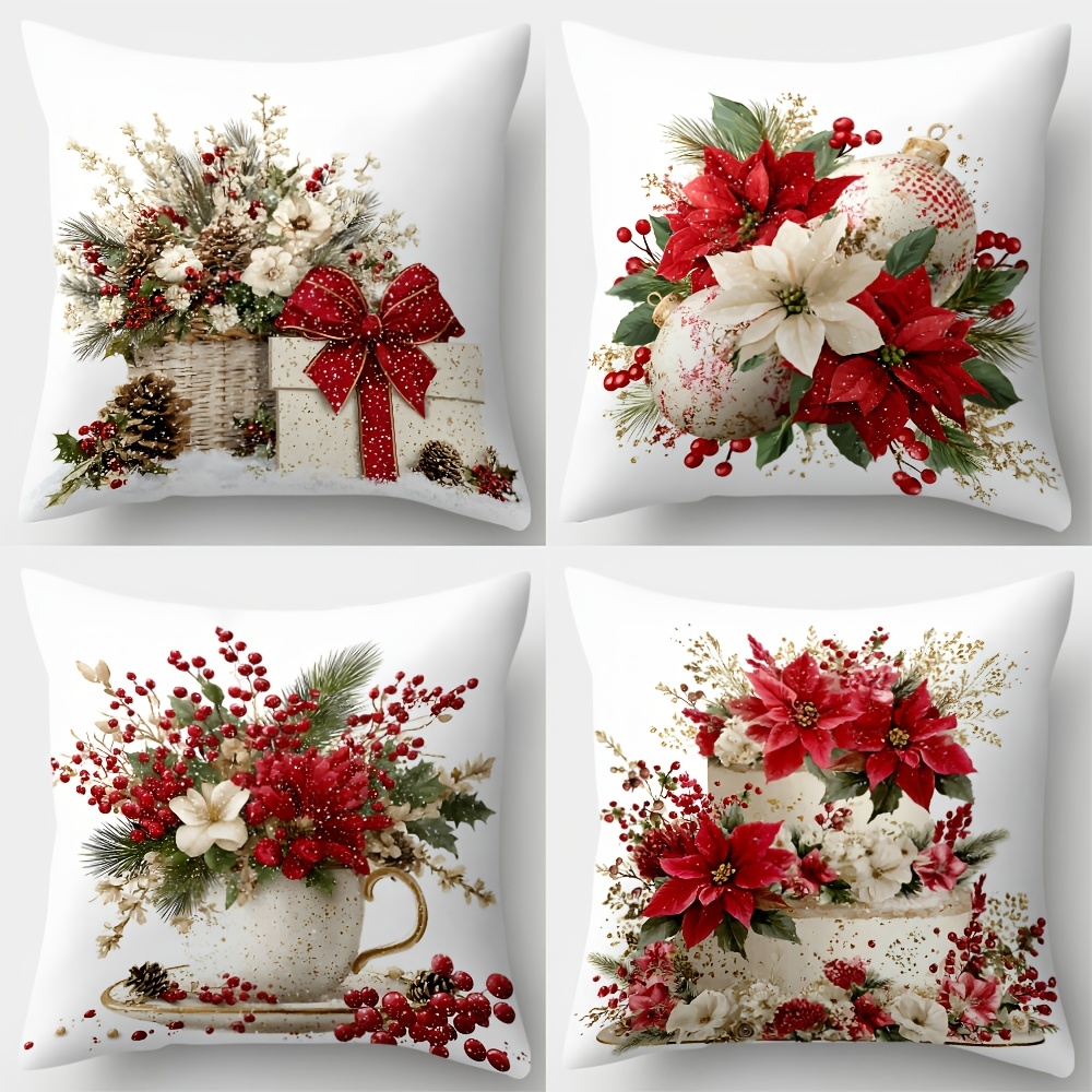 TEMU 4pcs Set Christmas Pillow Cover Floral Gift Box Pillowcase 40/45/50cm Double-sided Printing Christmas Decoration Sofa Lumbar Support Cover