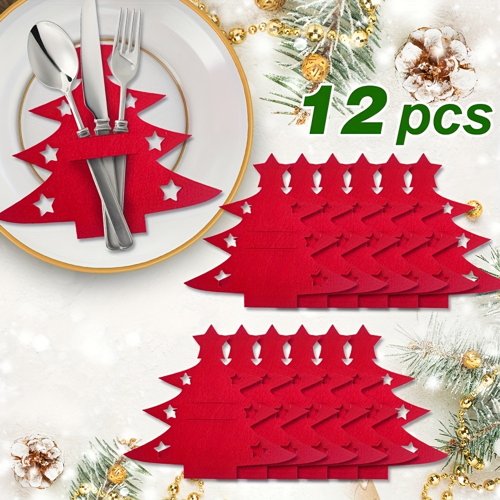 

12pcs Christmas Tree-shaped Felt Knife And Fork Set - Cutlery Pockets For Christmas Placemats And Party Decorations, Christmas Decorations, Classic Christmas Theme Design, Holiday Dining