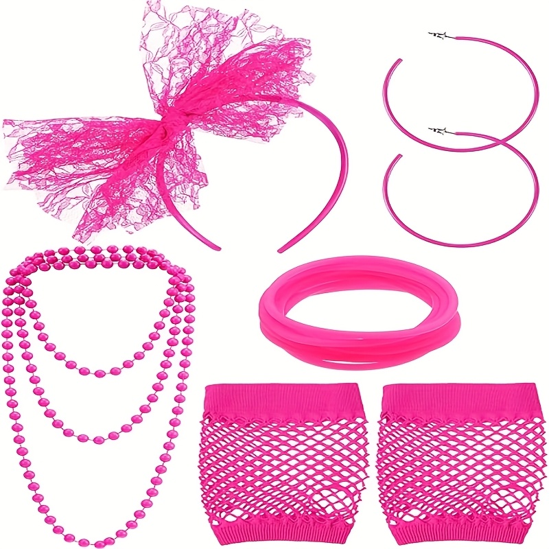 Additions For An 80s Themed Costume Party Including Lace Headbands, Earrings, Fishnet Gloves, Necklaces, And Bracelets