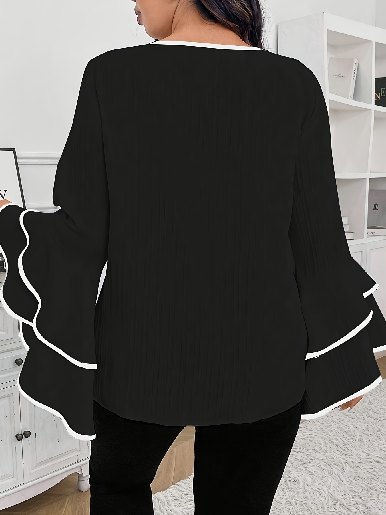 Plus Size Contrast Trim Crew Neck Blouse, Elegant Layered Ruffle Sleeve Top For Spring & Fall, Women's Plus Size Clothing