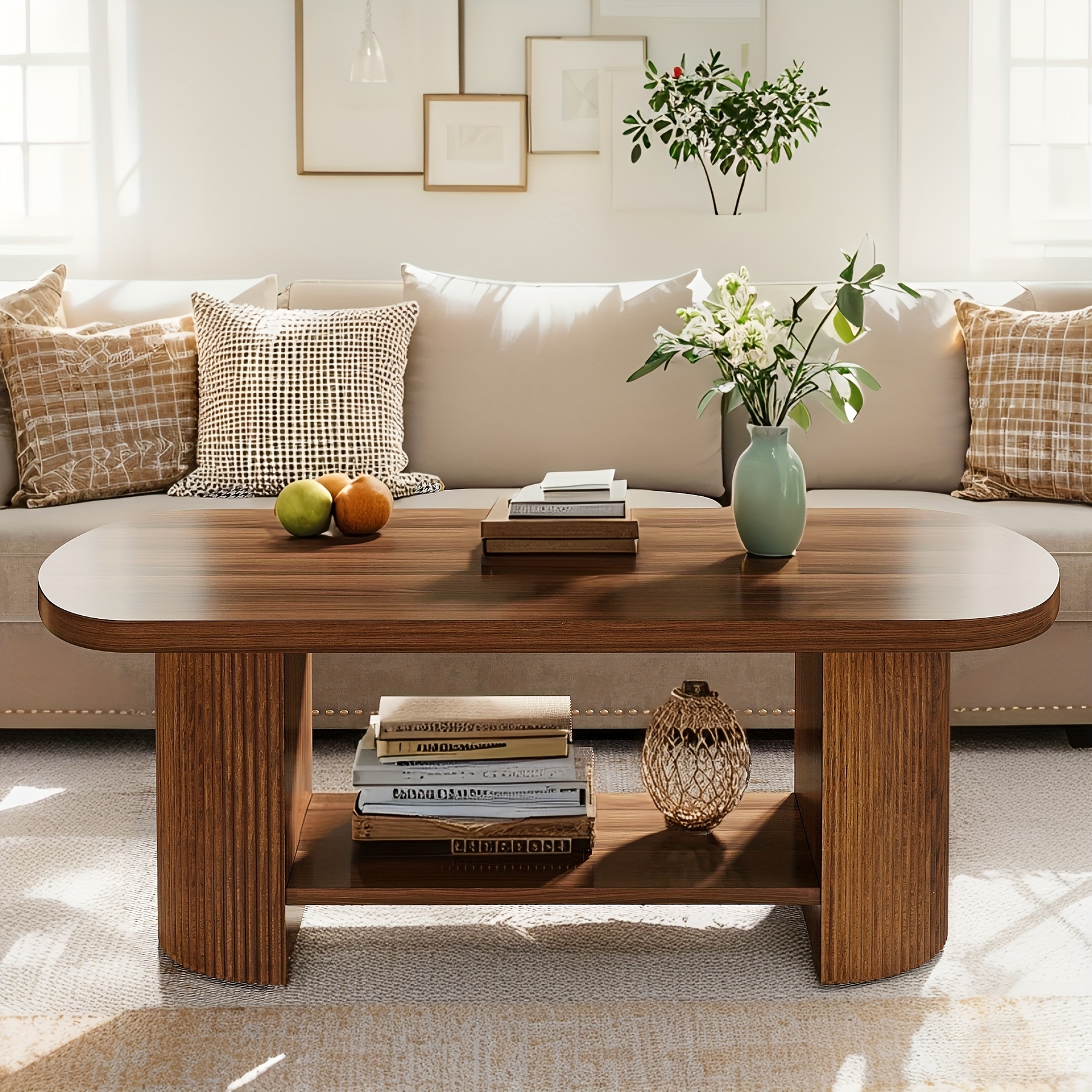 Mid-Century Oval Coffee Table - 2-Tier Modern Storage Shelf