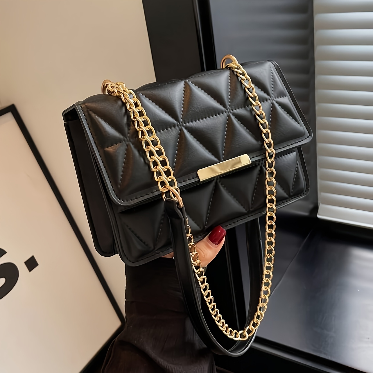 TEMU Elegant Black Quilted Mini Shoulder Bag With Strap - Versatile Square Crossbody Purse For Work, School, Travel, And Everyday Use - Perfect Gift Idea, Everyday Bag|quilted Texture|chain Strap Bag