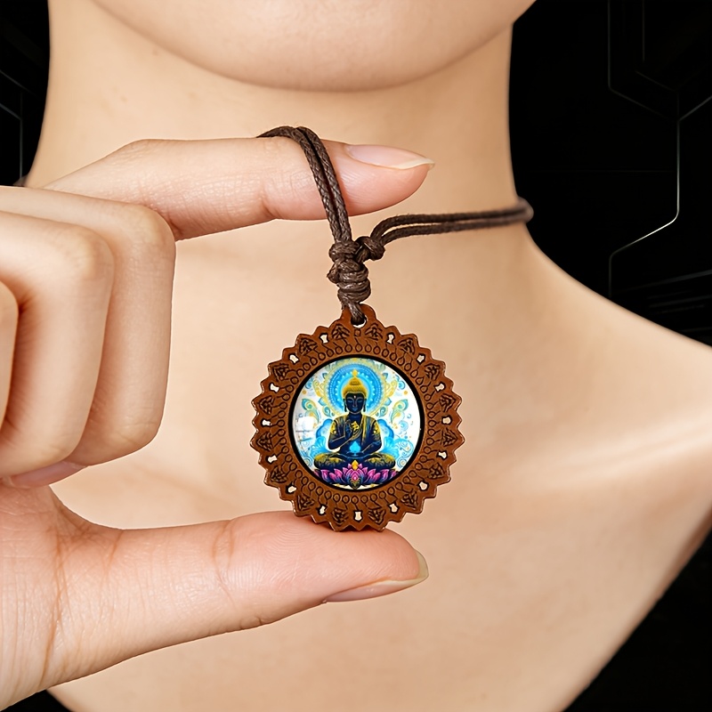 Statue Lotus Auspicious Cloud Wooden Necklace, Vintage Gift