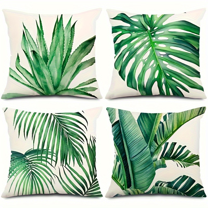 TEMU Lot de 4 housses de coussin décoratives carrées en lin à motif de plantes pour canapé d'extérieur, canapé, maison, lit ( rembourrage)
