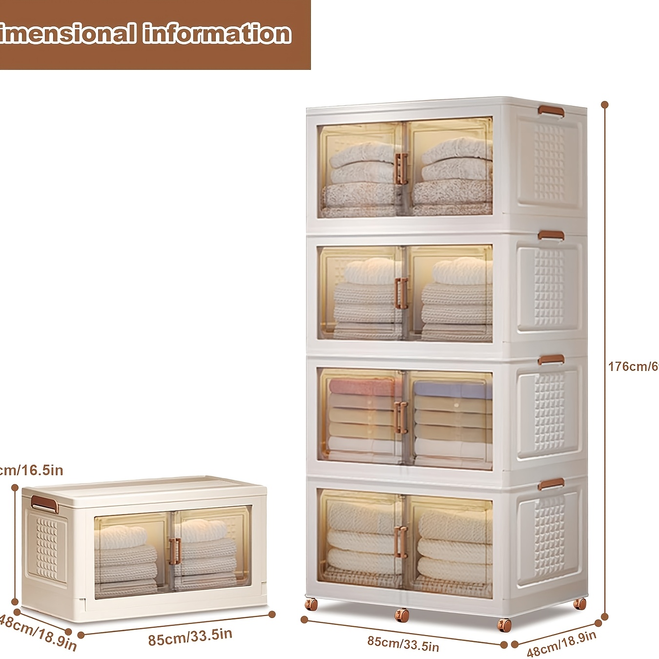 580l Stackable Plastic Storage Boxes, Large Foldable Lidded Storage Bins With Wheels, H 176 X W 48x L 85cm Collapsible Snack Clothing Organise Cabinet For Bedroom Living Room Kitchen Office