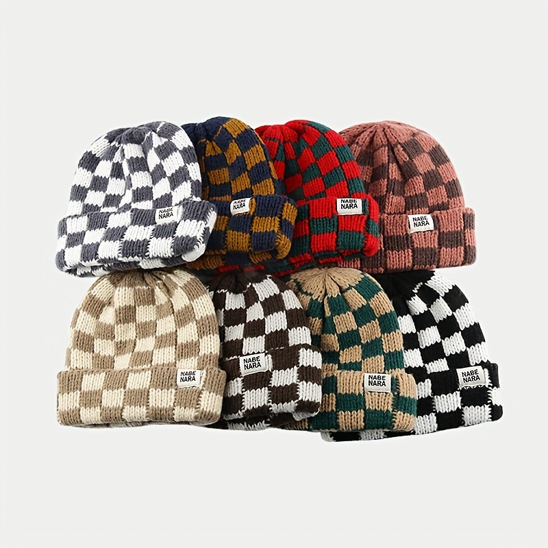 

New Women's Chess Grid Knitted Hat Autumn And Winter Personality Color-matching Chess Grid No-brim Knitted Hat Christmas Hat