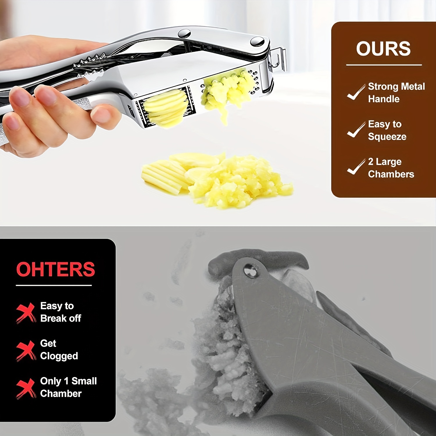 Multifunctional stainless steel garlic press, easy to crush, slice and mince garlic, can open walnuts, this multifunctional kitchen tool - perfect for home cooks and professional cooks