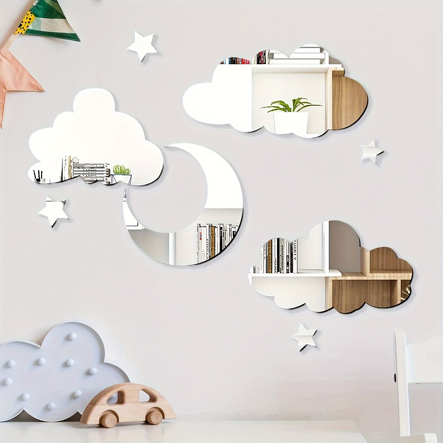 Image of A Set Of 8 Self-adhesive Acrylic Mirror Wall Stickers Featuring Clouds, , And Stars, Removable And Suitable For Home Decoration In Bathrooms, Classrooms, Dormitories, And Dining Areas