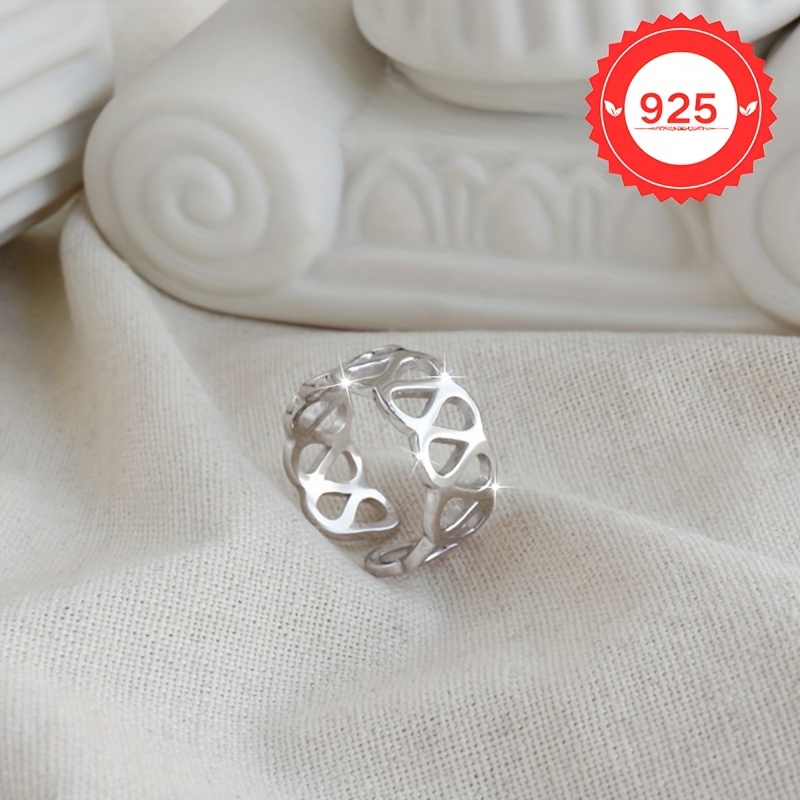 925 Silver Open Ring Wide Face Geometric Lattice Adjustable Fit