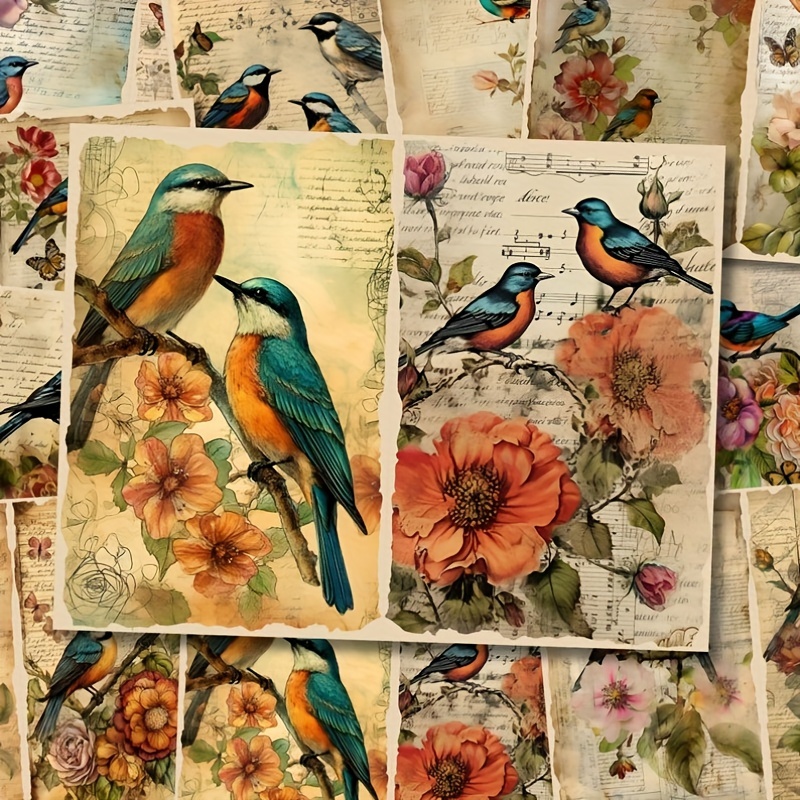 

10 Sheets Vintage Bird And Flower Stickers, Handmade Paper Junk Journal Art Decoupage Decoration, Floral Background Paper Craft Material