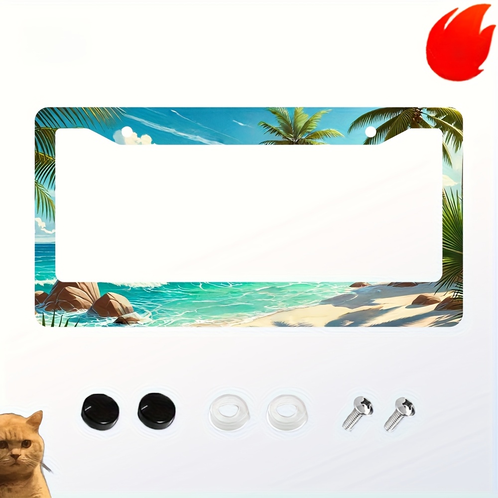 TEMU 1pc Beach Is License Plate Frame Beach Tree Hawaii License Plate Colorful Car Accessories Humorous License Plate Decoration Size 12.2.2 With 1