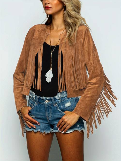 womens western retro fringe trimmed lightweight suede style cardigan jacket round neck outerwear for festivals daily wear festival fashion middle eastern style suedelike