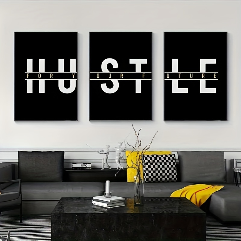 

3pcs Unframed Canvas Posters - Modern Art "hustle For " Motivational Wall Decor, On Black Canvas, Bedroom, Living Room, , Winter Decor, Ideal Gift, Poster Wall Art