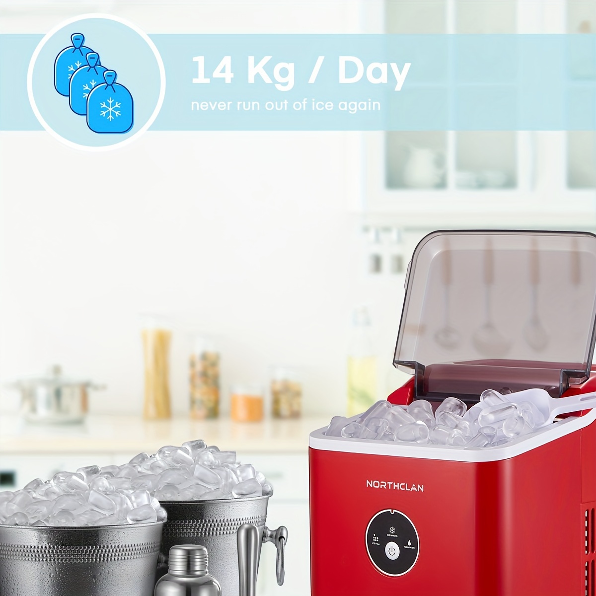 

Ice Maker, Countertop, 28 Lbs. Bullet Ice In 24 Hrs, 9 Ice Cubes In 5 Minutes, 2l, Perfect For Parties, Retro Red