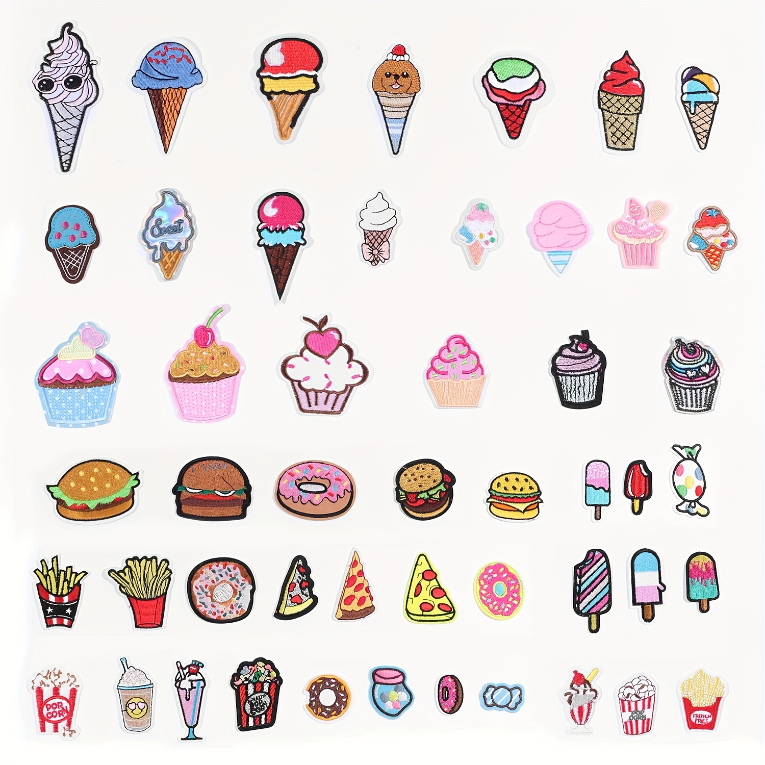 

50pcs Assorted Food Embroidery Patches Set, Dessert Ice Cream Cake Iron On Appliqués For Diy Clothing Accessories