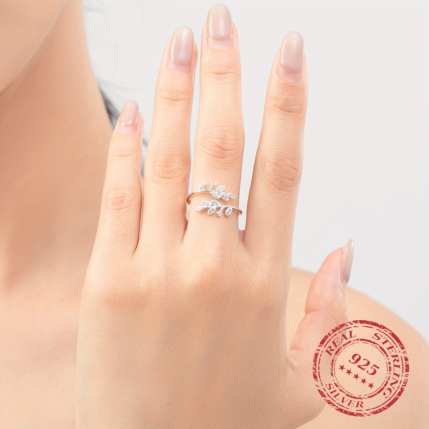 Women's 925 Sterling Silver Adjustable Ring with Sparkling CZ Leaf