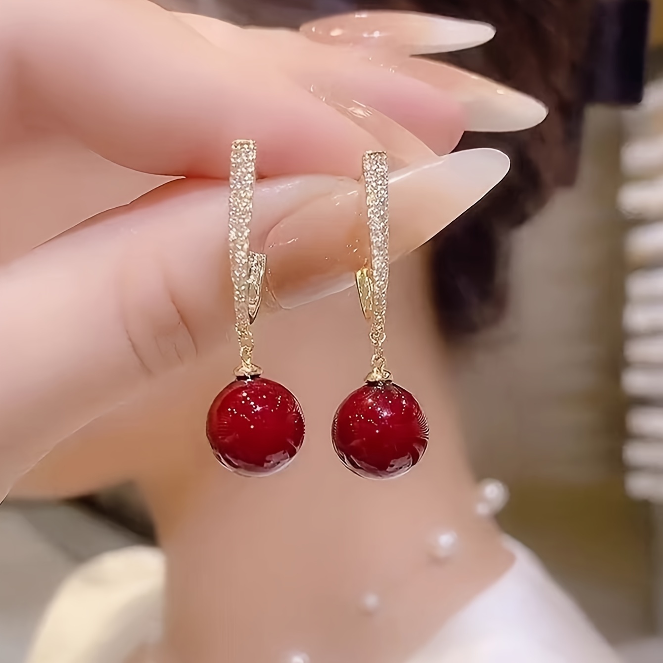 

Elegant Simple Style Drop Dangle Earrings For Women - Zinc Alloy Ear Needle, Red Faux Pearl Embellishment, No Plating - Versatile Fashion For Daily Wear