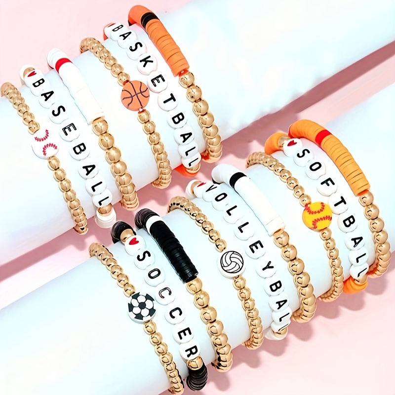 

3pcs Set Sporty Polymer Clay Bead Bracelets With Baseball, Basketball, And Soccer Charms - Fashionable Goldene Stretch Jewelry For Sports Enthusiasts