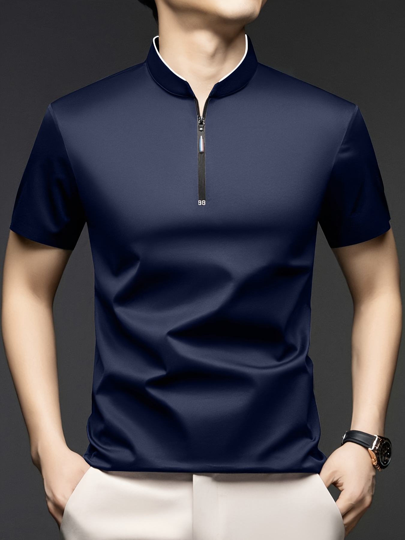 summer short sleeve   shirt mens small stand up collar zip up solid color t shirt suitable for sports outdoor and casual wear
