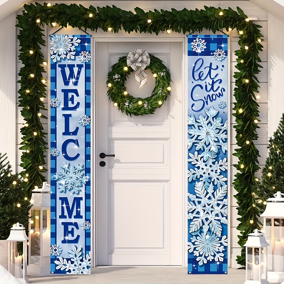 

2pcs "welcome " Blue Porch Banners - Farmhouse Front Door Decor, Polyester, 71x12 Inch, Winter Season, Winter Decorations