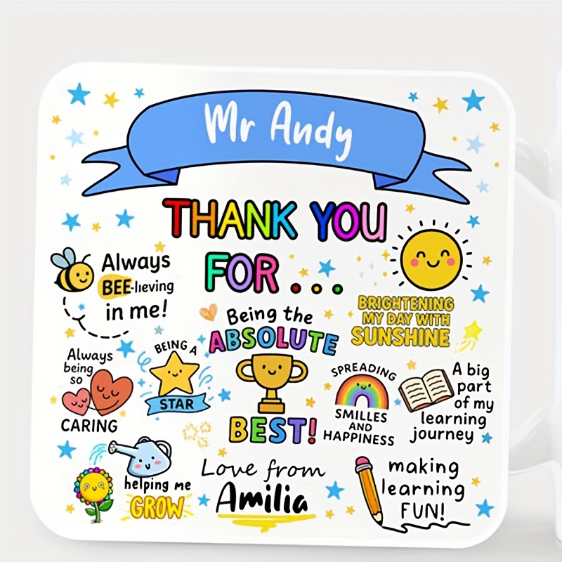 TEMU 1pc Custom Wooden Coaster, Personalized Teacher Coaster - Thank You Gift For Him - End Of Year Gift For Students - Cute Colorful Teacher
