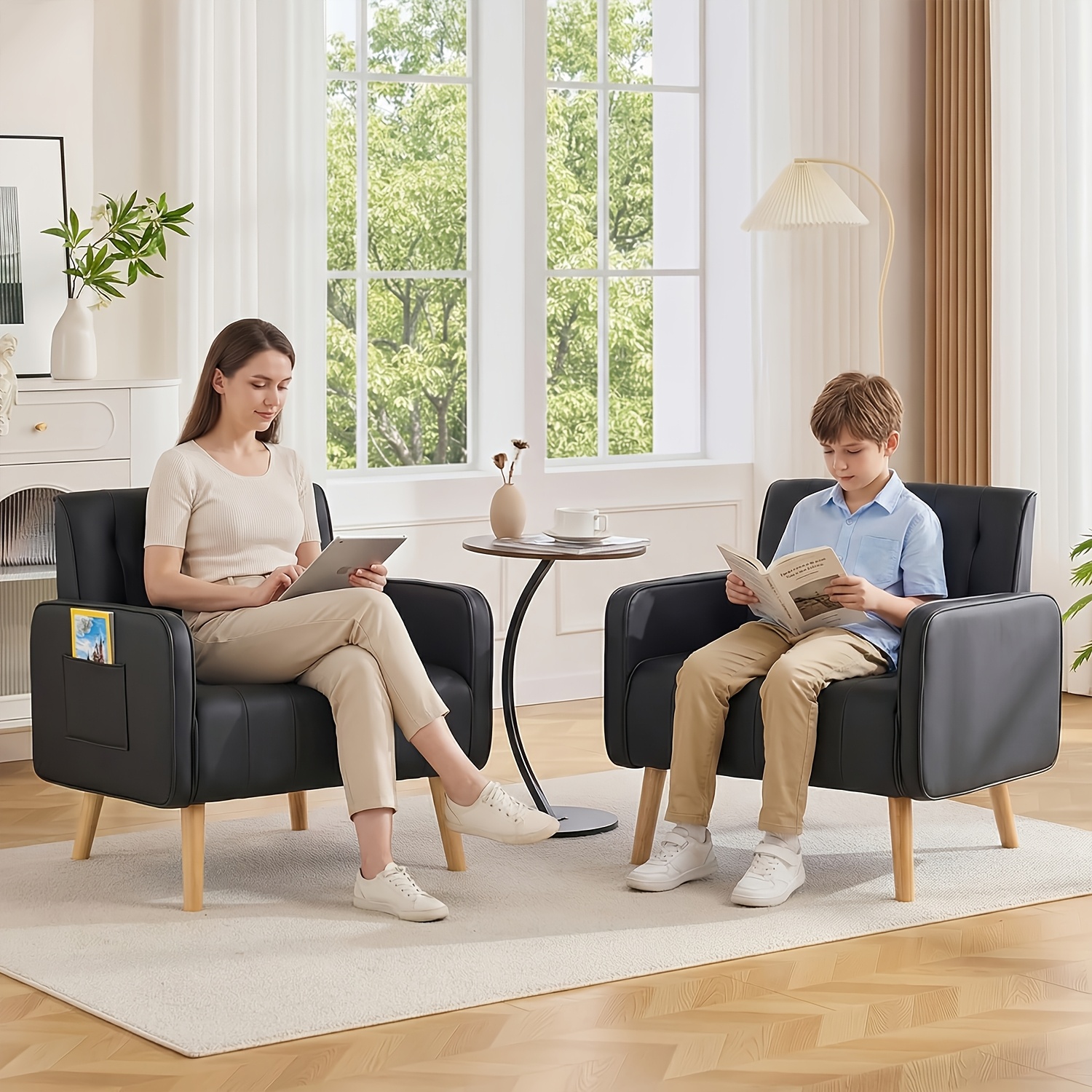 Armchair, Faux Leather Decorative Chair, Mid-Century Modern Tufted Lounge Chair with Wooden Legs And Pockets, Comfortable Kids' Chair, Reading Chair for Living Room, Waiting Room, Bedroom, Room, Cozy Reception Armchair