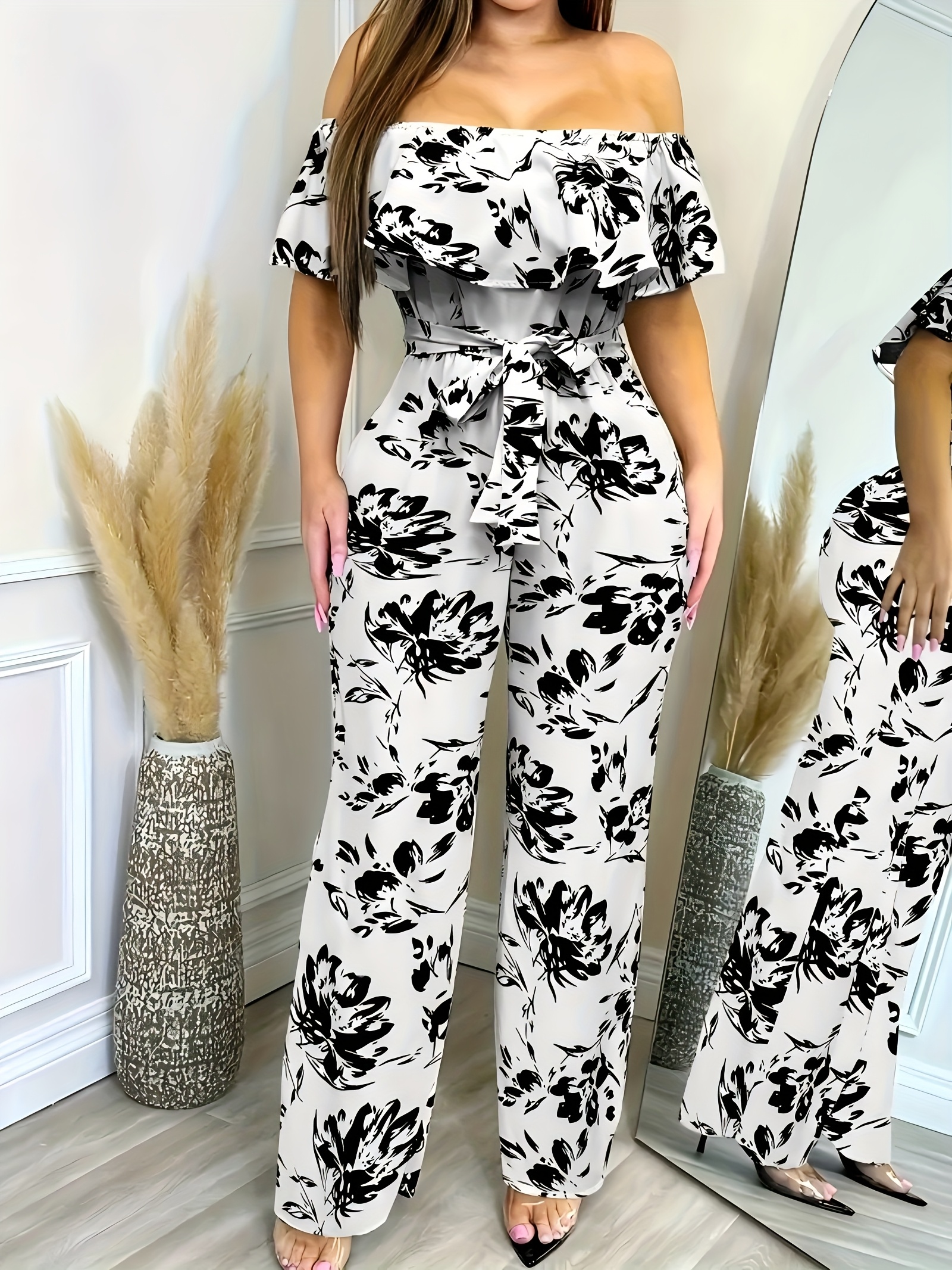 elegant shoulder floral jumpsuit women black white print Temu Kuwait
