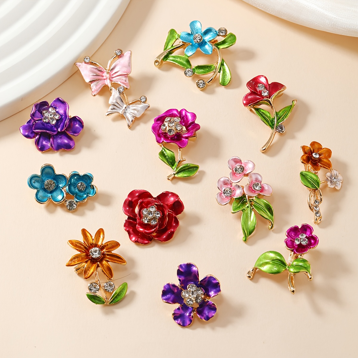 

12pcs Elegant Floral Brooch Pins Set, Cute Zinc Alloy With Artificial Crystal, Fashion Accessories For Women, For & Parties