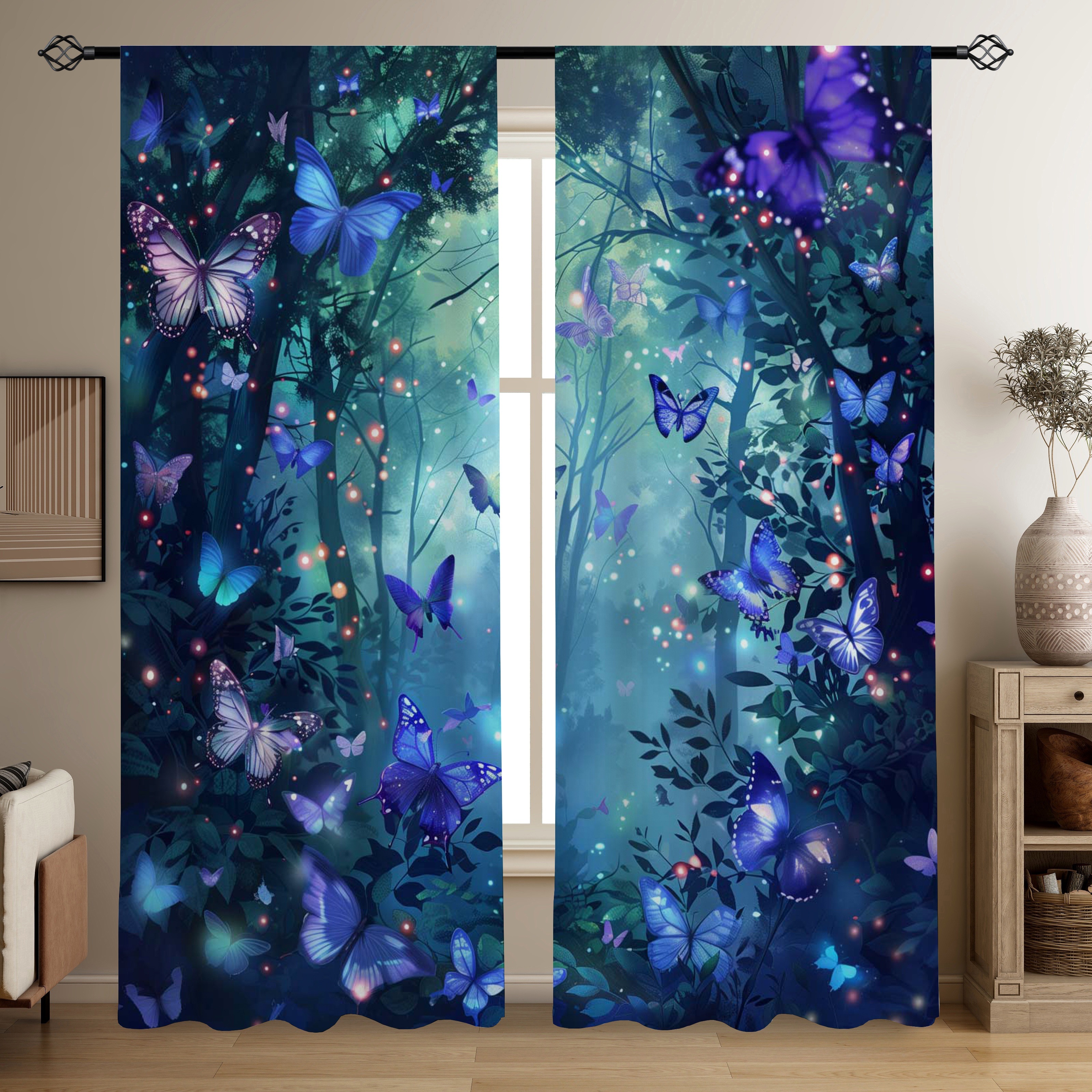 

2-piece Set: Forest Night Butterfly & Firefly Print Sheer Curtains - Rod Pocket Design For Living Room, Bedroom, And Game Room Decor