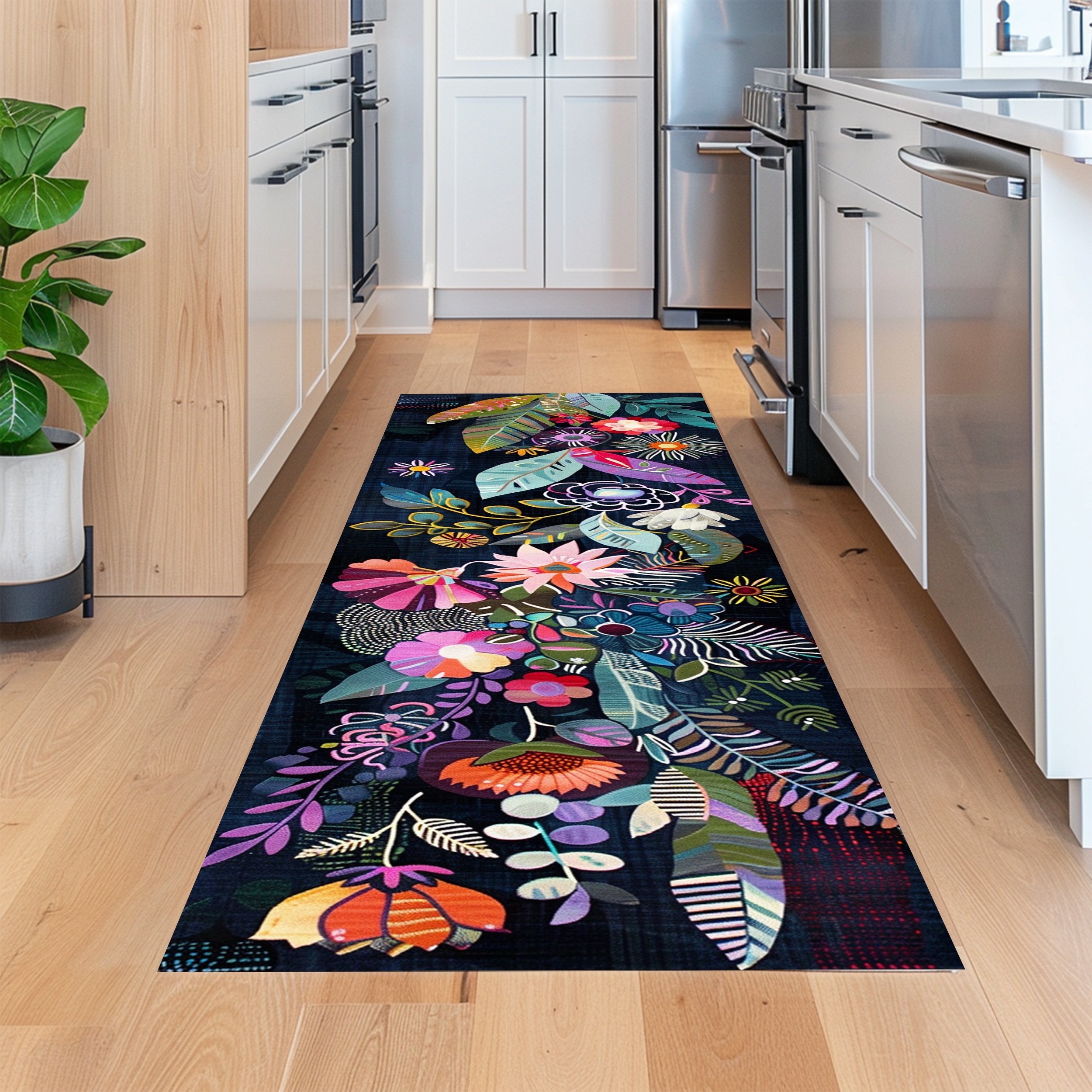 

Chic Navy Blue Floral Kitchen Mat - Non-slip, Washable Polyester Runner Rug For & Dining Room | , Soft & Comfortable | Living Room, Bedroom, Laundry Area | 2x5ft, 2x6ft, 2x8ft Sizes